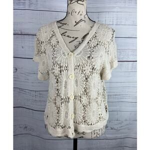 Rebellion Again Short Sleeve Cardigan Womens L Crochet Lace Button Front Ivory